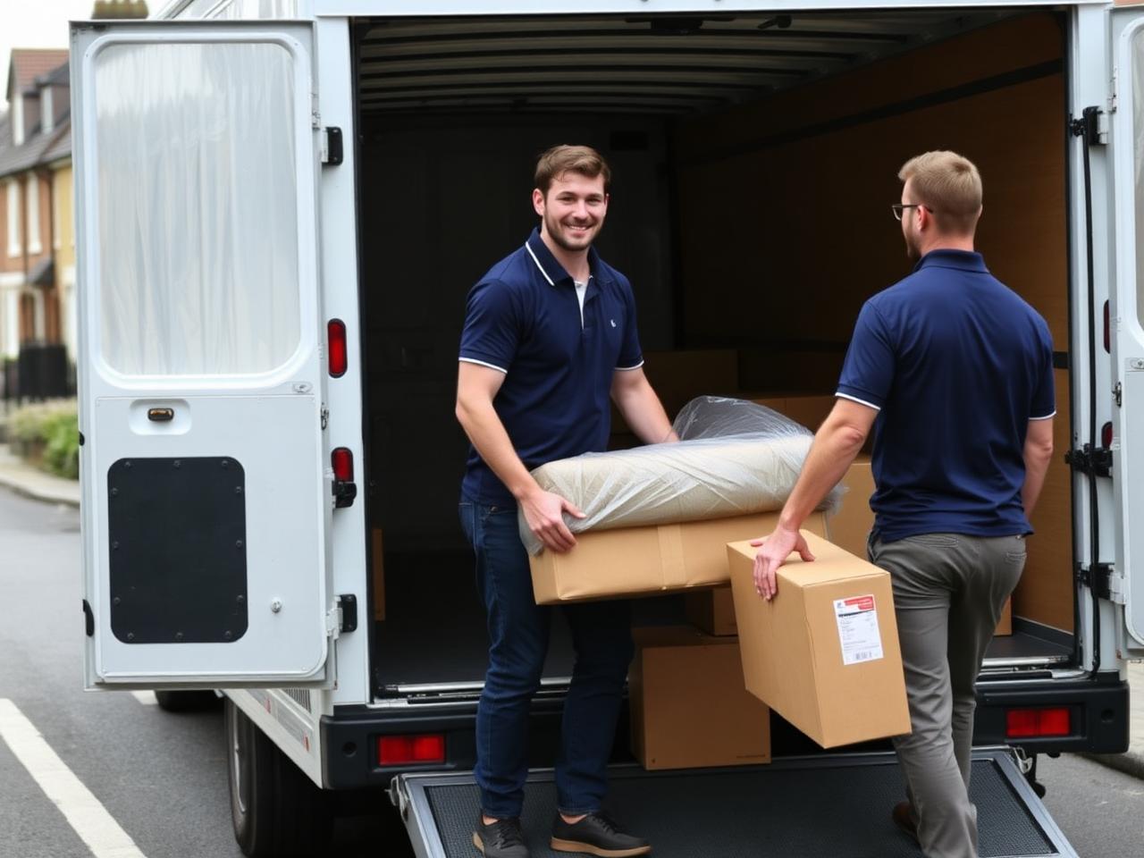 Man and van team loading a wrapped sofa into a Luton box van in Portsmouth